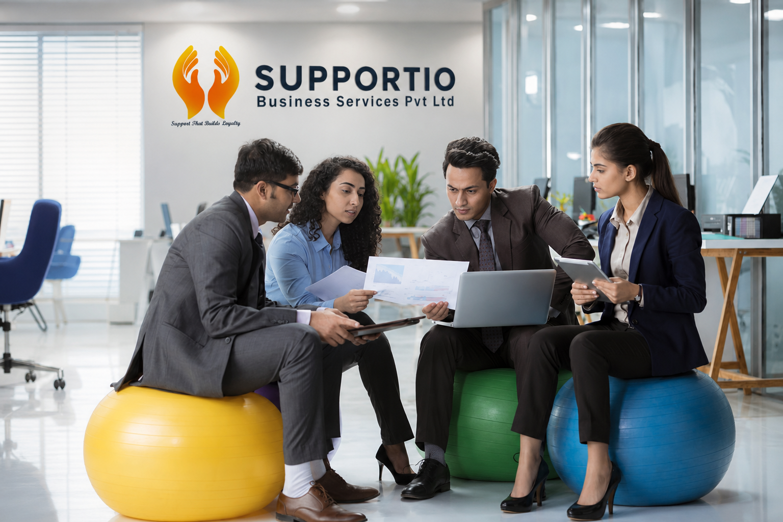 Supportio team of consultants collaborating in a modern office